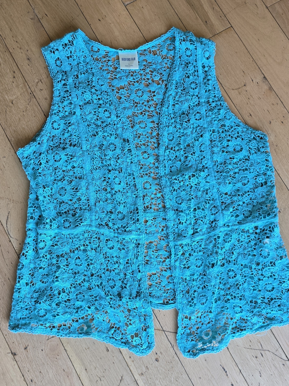 Openwork Fishnet Festival  Retro 70's Vibe Turquoise Granny Scalloped Cardi